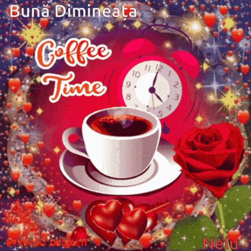 a cup of coffee sits on a saucer in front of an alarm clock that says " coffee time "