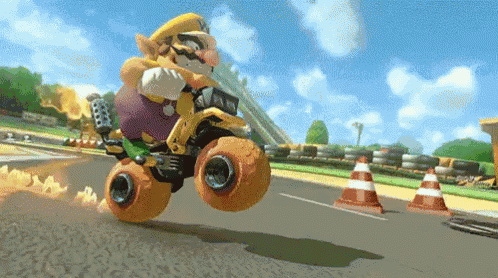 a cartoon character is riding a four wheeler on a road