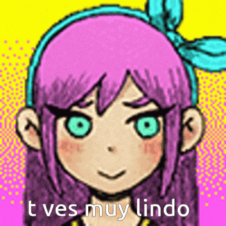 a pixel art drawing of a girl with pink hair and blue eyes with the words `` t ves muy lindo '' .