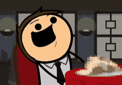 a cartoon character is sitting at a table and smiling