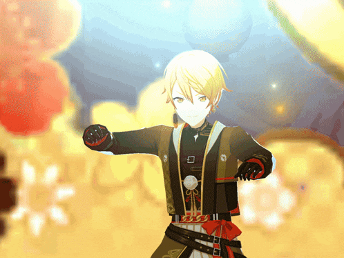 a cartoon character with blonde hair and a black jacket