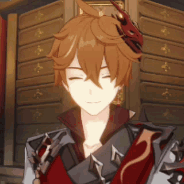 a cartoon character with a dragon on his head is smiling with his eyes closed