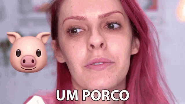 a woman with pink hair says um porco next to a pig face