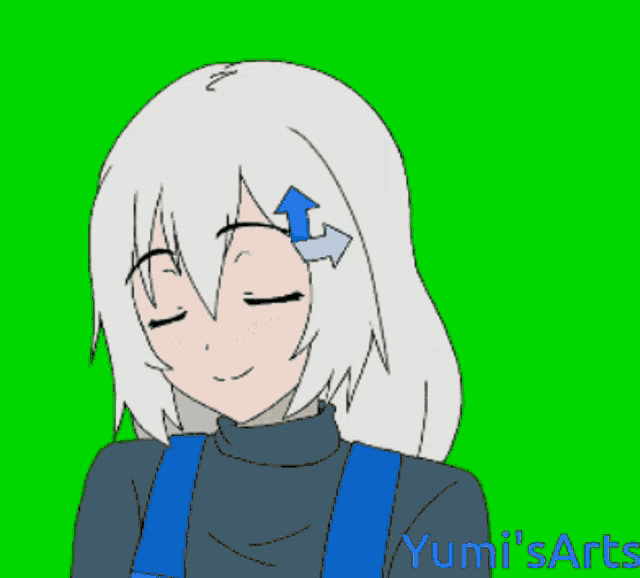a drawing of a girl with a blue arrow in her hair and the words yumi 's arts on the bottom