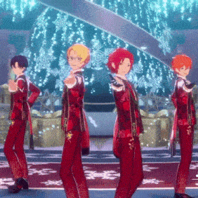 a group of anime characters are standing in front of a snow globe