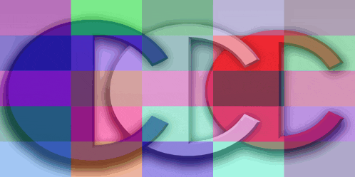 the letters cc are surrounded by a multicolored checkered background