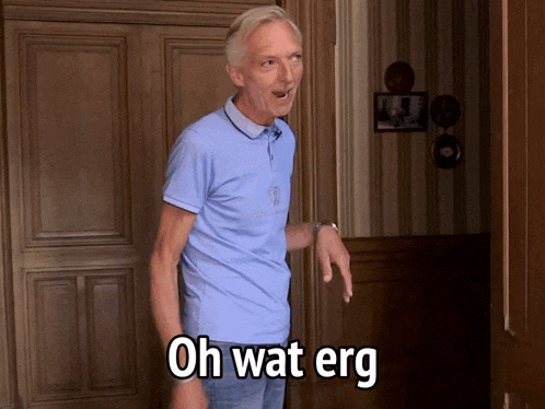a man in a blue shirt says " oh wat erg " in front of a door