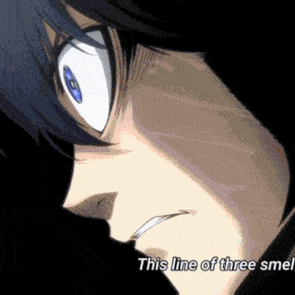a close up of a person 's face with the words " this line of three smell " underneath