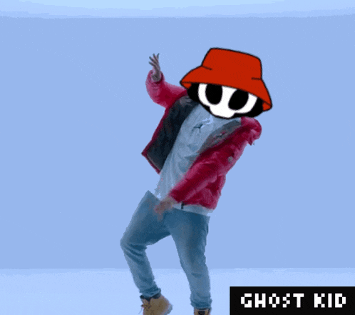 a man in a red hat is dancing in front of a blue background with the words ghost kid on it