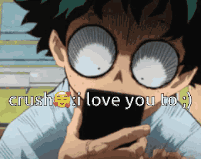 a cartoon character is holding a cell phone and says crush i love you