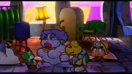 a group of cartoon characters standing in a room with a lamp .