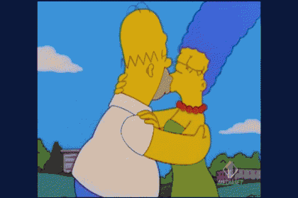 a cartoon of homer simpson and marge simpson kissing with the word mediat on the bottom right