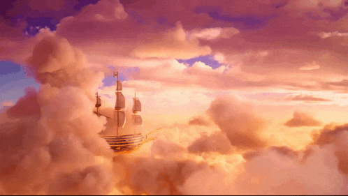 a ship in the clouds with a flag on top