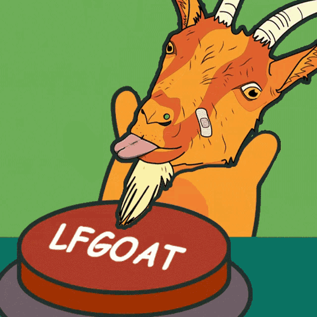 a cartoon of a goat with a bandage on its face pressing a button that says lfgoat