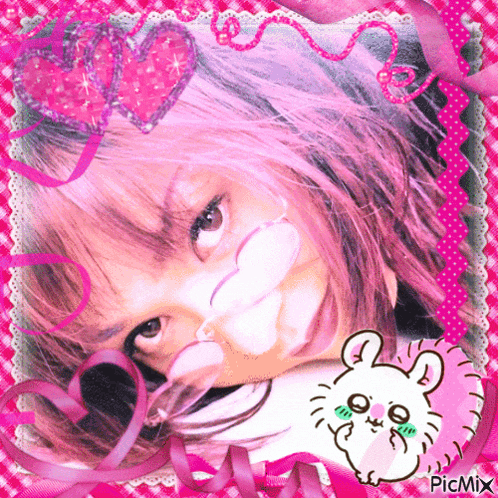 a picture of a girl with pink hair and a picture of a hamster with the words picmix on the bottom