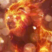 a painting of a lion with flames coming out of it 's mouth