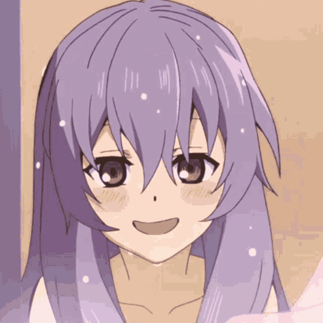 a close up of a purple haired anime girl with brown eyes