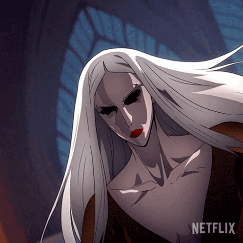 a cartoon of a woman with long white hair and red lips with a netflix logo behind her