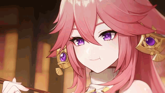 a girl with pink hair and purple eyes is eating with chopsticks