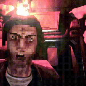 a pixelated image of a man 's face in a dark room with a red background