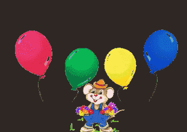 a birthday card with a mouse holding balloons