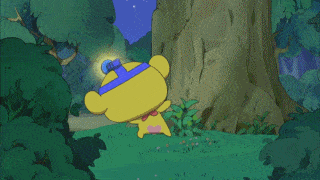 a yellow teddy bear with a blue headband that says ' ff ' on it