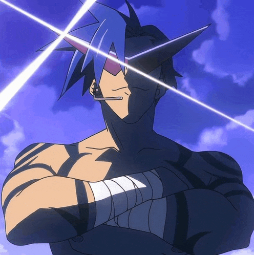 a man with a horn on his head stands with his arms crossed in front of a blue sky