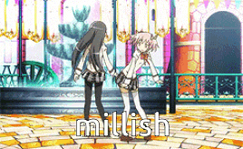 two anime girls are dancing in front of a fountain and the word millish is on the bottom