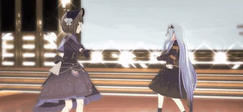 two anime girls are dancing in front of a wall that says n on it