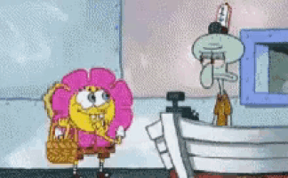 a cartoon of spongebob and squidward standing next to a boat