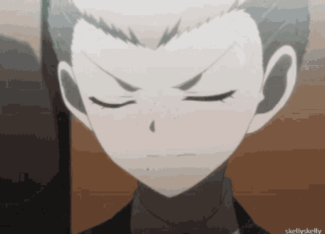 a close up of a person 's face with the words skellyskelly below