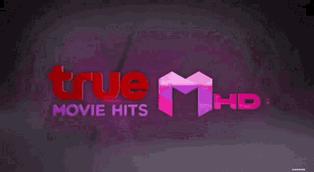 a logo for true movie hits hd with pink and purple letters