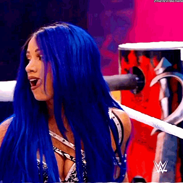 a woman with blue hair is standing in a wrestling ring .