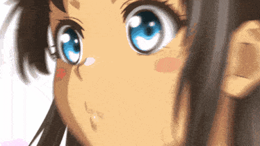 a close up of a anime girl 's face with blue eyes