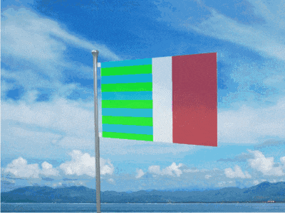 a red white and green flag is flying in front of a blue sky