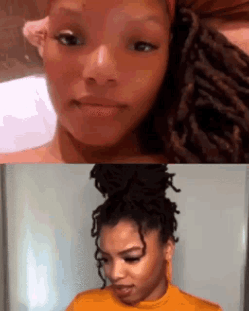 a close up of a woman 's face next to a close up of a woman 's face with dreadlocks .