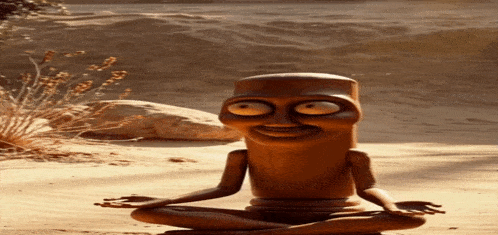 a cartoon character is sitting in a lotus position in the desert