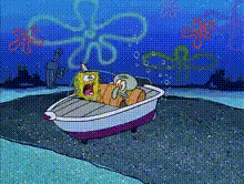 spongebob and squidward are in a small boat in the water