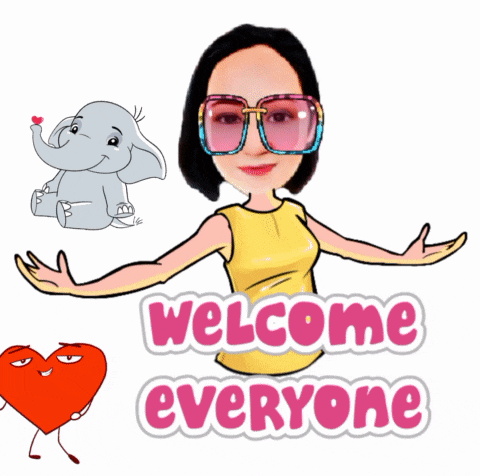 a cartoon of a woman with a heart and an elephant with the words welcome everyone