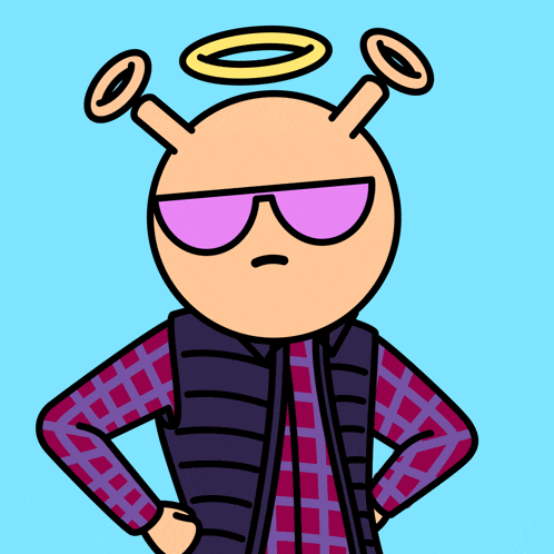 a cartoon character wearing sunglasses and a plaid shirt has a halo on his head