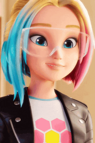 a cartoon girl with blue and pink hair is wearing safety goggles