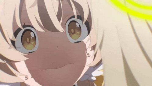 a close up of a anime character 's face with a surprised look on her face