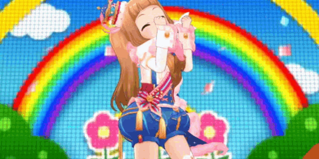 a little girl is standing in front of a rainbow and flowers .