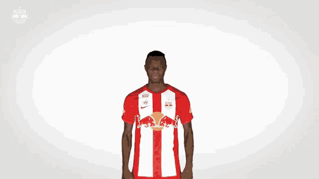 a man wearing a red and white jersey with a red bull on the front