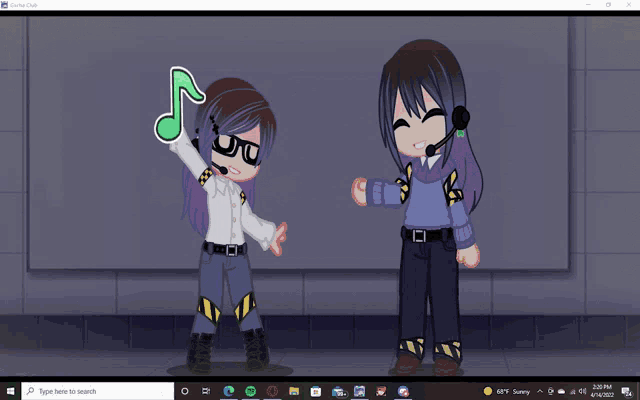 a screenshot of a computer screen shows a girl with headphones and a man with a microphone