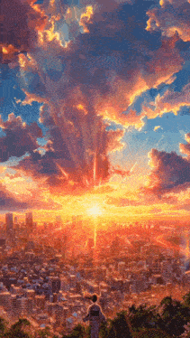 a painting of a city at sunset with a person standing in the foreground