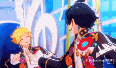 two anime characters are dancing in a video game with the words wish upon a music switch in the corner