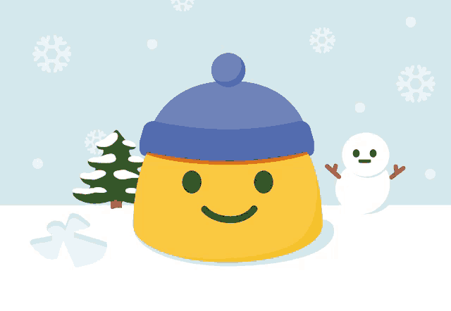 a yellow smiley face wearing a blue hat is standing in the snow