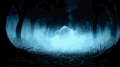 a painting of a dark forest with a light coming out of the trees .