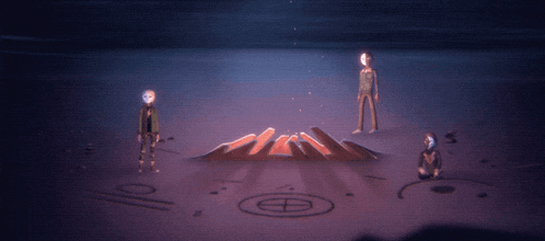 a group of people standing around a mountain with a circle around it